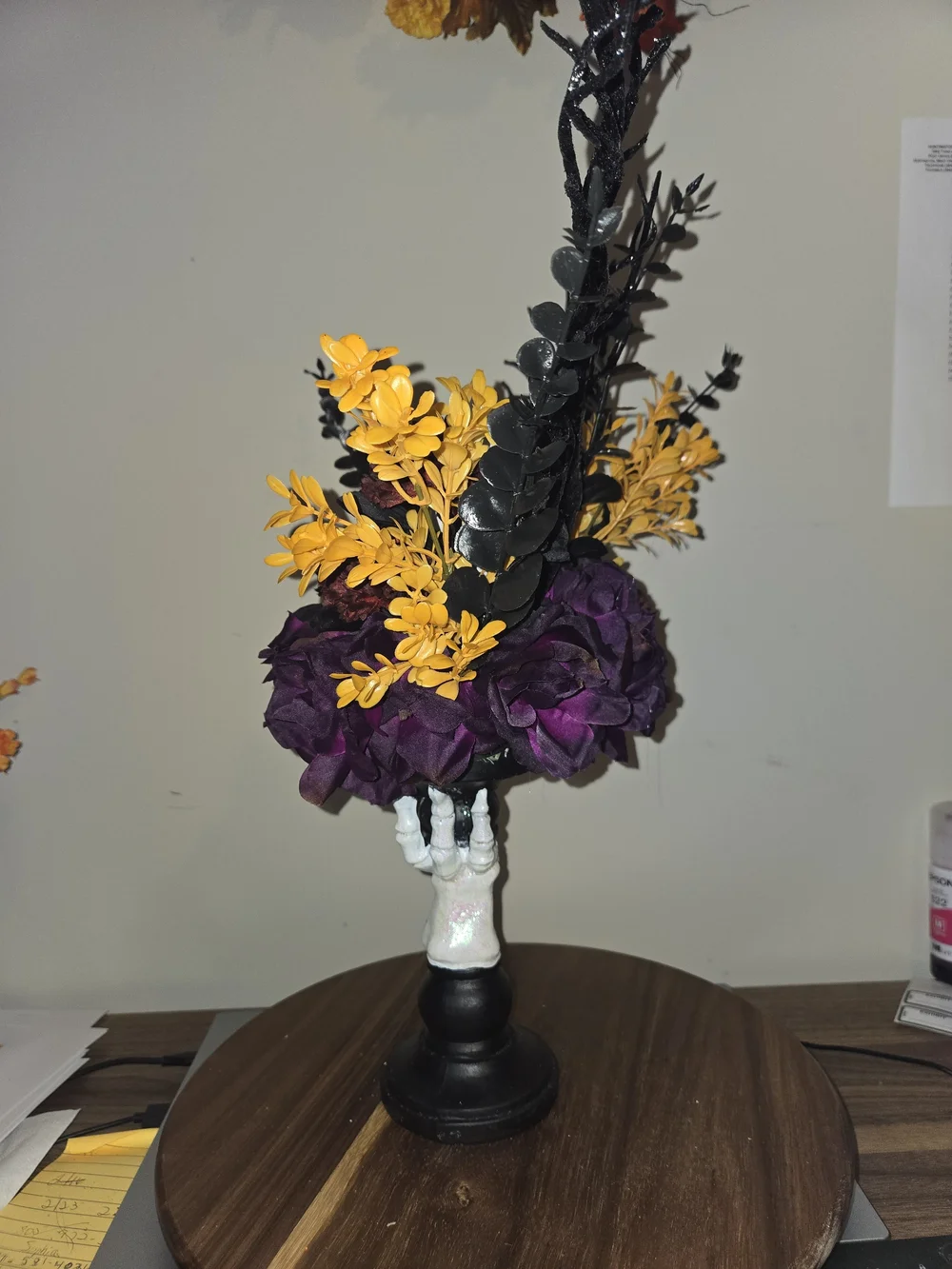 Halloween Faux Floral Arrangement with Purple, Orange & Black Accents W/ Ghost